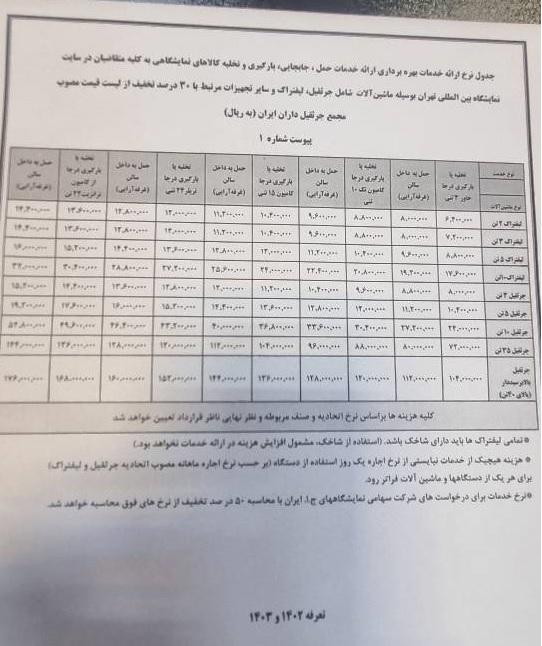 جدول تعرفه خدمات حمل و جابجایی و بارگیری در نمایشگاه